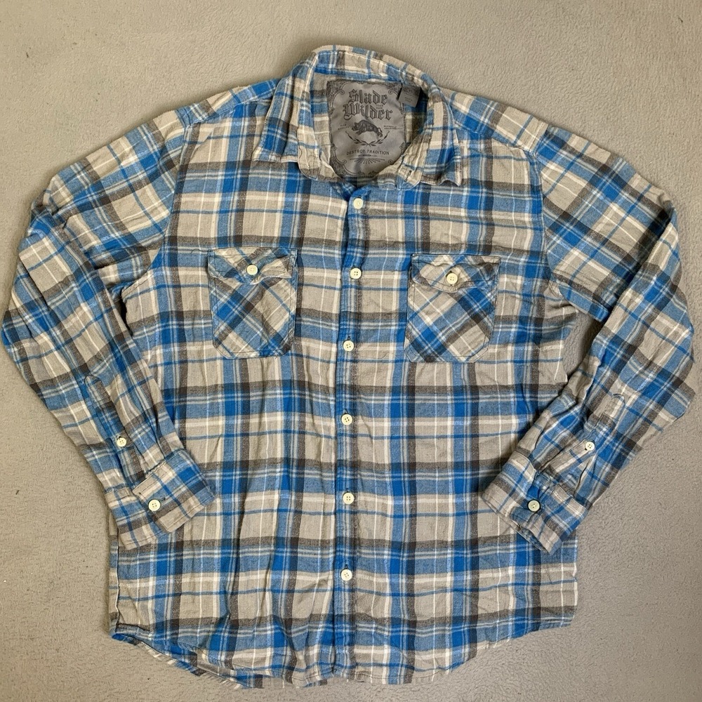 Slade Wilder Shirt Men's Size X-Large Blue Gray 100% Cotton‎ Plaid Button Up